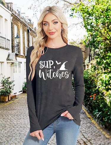 Women Halloween Shirt Halloween Witch Tshirt Spooky Vibes Witch Hat Graphic Tees Fall Season Long Sleeve Tops in Saudi Arabia