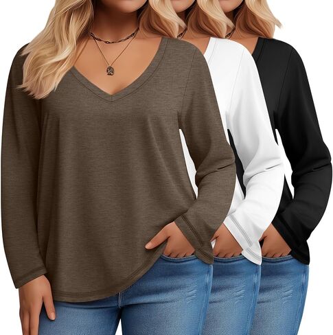 3 Pack Women's Plus Size T Shirts, Casual Long Sleeve Tops V Neck Basic Shirts Fall Loose Fit Soft Tops in Saudi Arabia