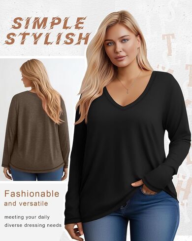 3 Pack Women's Plus Size T Shirts, Casual Long Sleeve Tops V Neck Basic Shirts Fall Loose Fit Soft Tops in Saudi Arabia