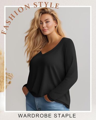 3 Pack Women's Plus Size T Shirts, Casual Long Sleeve Tops V Neck Basic Shirts Fall Loose Fit Soft Tops in Saudi Arabia