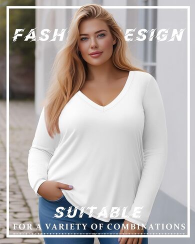 3 Pack Women's Plus Size T Shirts, Casual Long Sleeve Tops V Neck Basic Shirts Fall Loose Fit Soft Tops in Saudi Arabia