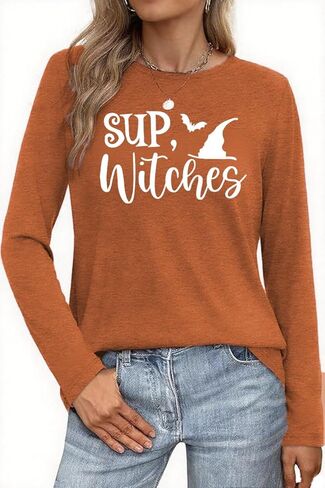 Women Halloween Shirt Halloween Witch Tshirt Spooky Vibes Witch Hat Graphic Tees Fall Season Long Sleeve Tops in Saudi Arabia