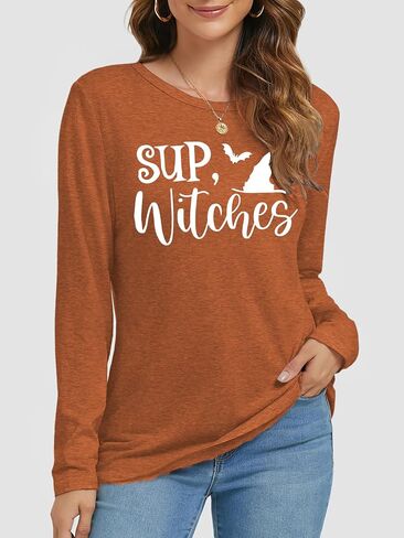 Women Halloween Shirt Halloween Witch Tshirt Spooky Vibes Witch Hat Graphic Tees Fall Season Long Sleeve Tops in Saudi Arabia