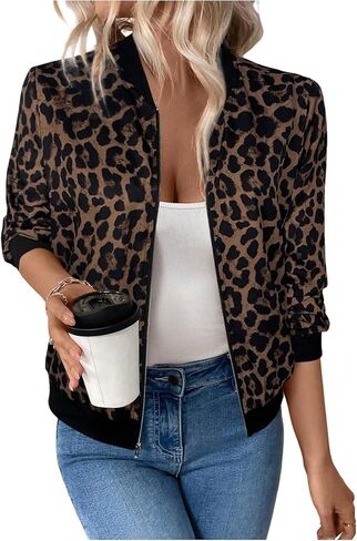 GORGLITTER Women's Cheetah Leopard Print Long Sleeve Blazer Jackets Animal Print Zip Up Bomber Outerwear in Saudi Arabia