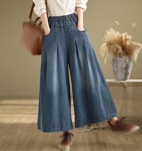LAI MENG FIVE CATS Women's Loose Jeans Elastic Waist Baggy Wide Leg Denim Pants with Pockets in Saudi Arabia