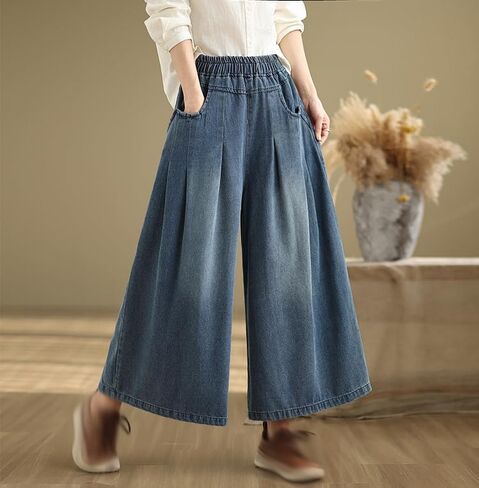 LAI MENG FIVE CATS Women's Loose Jeans Elastic Waist Baggy Wide Leg Denim Pants with Pockets in Saudi Arabia