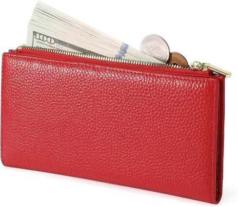 Slim Genuine Leather Wallet for Women RFID Blocking Bifold Credit Card Holder with Zip Pocket Blue (Red) in Kuwait
