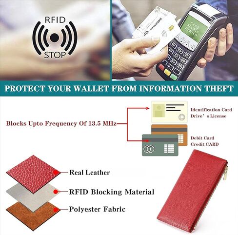 Slim Genuine Leather Wallet for Women RFID Blocking Bifold Credit Card Holder with Zip Pocket Blue (Red) in Kuwait