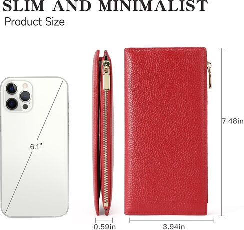 Slim Genuine Leather Wallet for Women RFID Blocking Bifold Credit Card Holder with Zip Pocket Blue (Red) in Kuwait