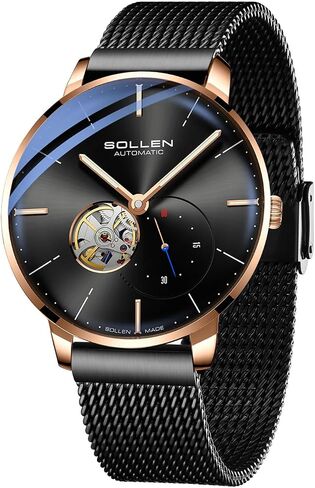 ساعات SOLLEN Skeleton الأوتوماتيكية للرجال، حركة ميكانيكية أصلية، زجاج معدني، ساعة يد مقاومة للماء 3ATM/30 مترًا، قرص فرعي للثواني وأيدي مضيئة، ساعة ذاتية اللف بسيطة، هدية له in Saudi Arabia