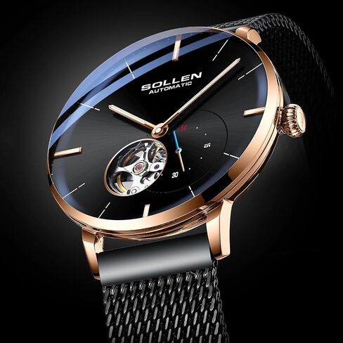 ساعات SOLLEN Skeleton الأوتوماتيكية للرجال، حركة ميكانيكية أصلية، زجاج معدني، ساعة يد مقاومة للماء 3ATM/30 مترًا، قرص فرعي للثواني وأيدي مضيئة، ساعة ذاتية اللف بسيطة، هدية له in Saudi Arabia