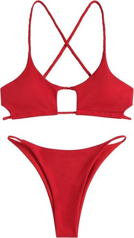 Red Ribbed Bikini Set - Minimalist Crisscross Straps, High Cut Thong, Comfortable Fit, Beachwear Essentials in Saudi Arabia