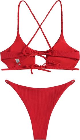 Red Ribbed Bikini Set - Minimalist Crisscross Straps, High Cut Thong, Comfortable Fit, Beachwear Essentials in Saudi Arabia