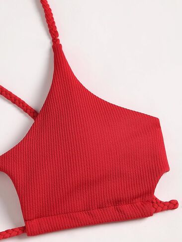 Red Ribbed Bikini Set - Minimalist Crisscross Straps, High Cut Thong, Comfortable Fit, Beachwear Essentials in Saudi Arabia