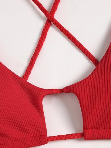 Red Ribbed Bikini Set - Minimalist Crisscross Straps, High Cut Thong, Comfortable Fit, Beachwear Essentials in Saudi Arabia