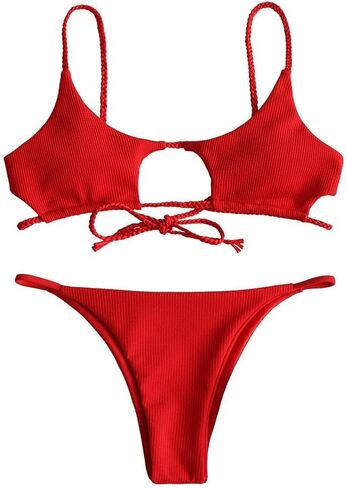 Red Ribbed Bikini Set - Minimalist Crisscross Straps, High Cut Thong, Comfortable Fit, Beachwear Essentials in Saudi Arabia