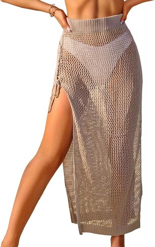 ZAFUL Women's Swimsuit Cover Up Crochet Sheer Knit Side Slit Maxi Beach Skirt Sarong (0-Khaki, X-Large) in Saudi Arabia