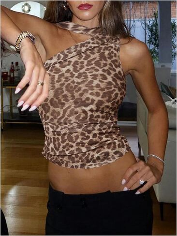GORGLITTER Women's Cheetah Animal Print Halter Tops Leopard Sleeveless Y2K Going Out Crop Tops in Saudi Arabia