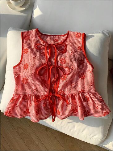 GORGLITTER المرأة القماش القطني التعادل الجبهة قمم الأزهار القوس Peplum قمم الصيف Y2K بيبي دول بلوزة قميص in Saudi Arabia