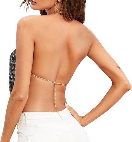 Sexy Halter Neck Rhinestone Crop Top for Women Deep V Adjustable Backless Chest Chain Tank Top Festival Rave Club Outfits in Saudi Arabia
