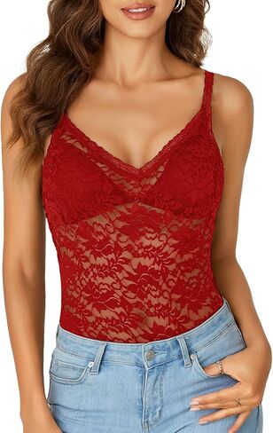 Rooscier Women's Floral Lace Sheer Sleeveless Strap See Through Slim Sexy Cami Tank Top Without Bra in Saudi Arabia