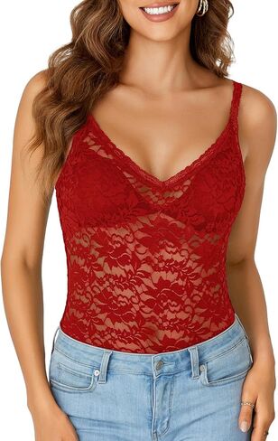 Rooscier Women's Floral Lace Sheer Sleeveless Strap See Through Slim Sexy Cami Tank Top Without Bra in Saudi Arabia