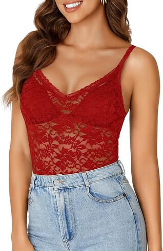 Rooscier Women's Floral Lace Sheer Sleeveless Strap See Through Slim Sexy Cami Tank Top Without Bra in Saudi Arabia