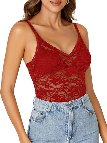 Rooscier Women's Floral Lace Sheer Sleeveless Strap See Through Slim Sexy Cami Tank Top Without Bra in Saudi Arabia