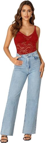 Rooscier Women's Floral Lace Sheer Sleeveless Strap See Through Slim Sexy Cami Tank Top Without Bra in Saudi Arabia