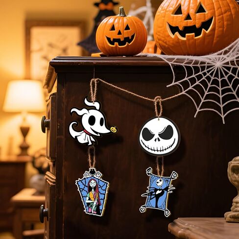 36 PCS Halloween Christmas Jack Sally Wooden Hanging Ornaments for Tree, Wood Nightmare Christmas Tree Decorations Before Spooky Decor Indoor Home Party Gifts in Saudi Arabia