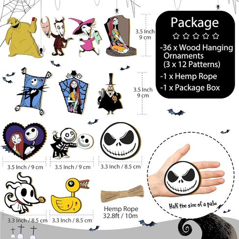 36 PCS Halloween Christmas Jack Sally Wooden Hanging Ornaments for Tree, Wood Nightmare Christmas Tree Decorations Before Spooky Decor Indoor Home Party Gifts in Saudi Arabia