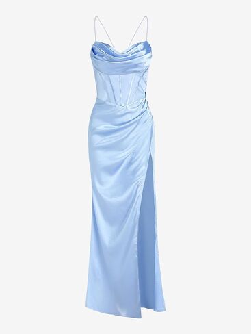 Womens Slip Satin Maxi Dress Sexy High Slit Backless Lace Up Elegant Wedding Guest Corset Dresses in Saudi Arabia