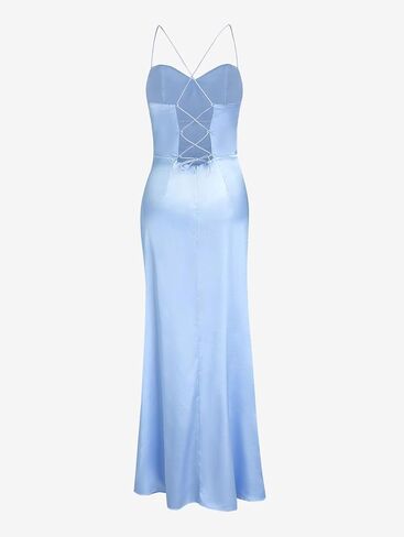 Womens Slip Satin Maxi Dress Sexy High Slit Backless Lace Up Elegant Wedding Guest Corset Dresses in Saudi Arabia