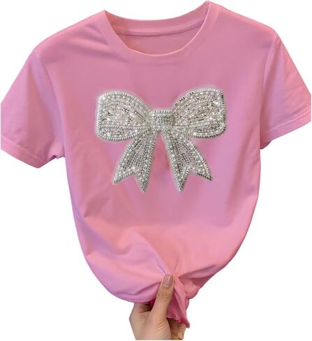 المرأة مطرز الترتر Bowknot القوس تي شيرت قصير الأكمام Crewneck العصرية المحملة الأعلى Y2k قمم in Kuwait