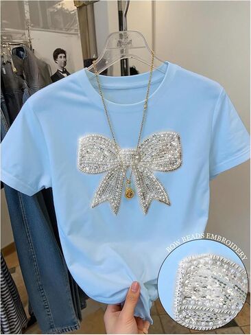 المرأة مطرز الترتر Bowknot القوس تي شيرت قصير الأكمام Crewneck العصرية المحملة الأعلى Y2k قمم in Kuwait