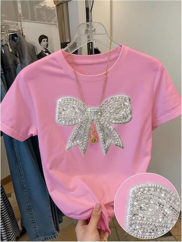 المرأة مطرز الترتر Bowknot القوس تي شيرت قصير الأكمام Crewneck العصرية المحملة الأعلى Y2k قمم in Kuwait