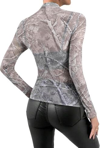 Women's Leopard Print Mesh Crop Top Long Sleeve Sheer See Throught Going Out Shirt in Saudi Arabia