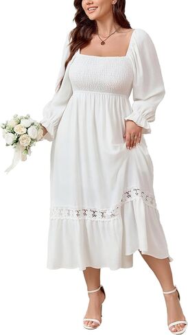 SCOMCHIC Womens Plus Size Fall Dresses Long Sleeve Square Neck Wedding Guest Smocked Flowy Boho Country Western Maxi Dress in Saudi Arabia
