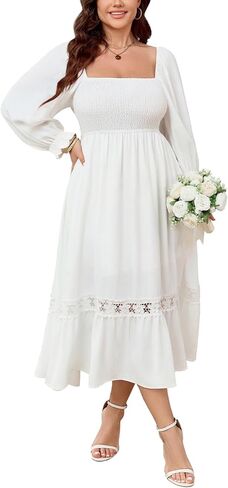 SCOMCHIC Womens Plus Size Fall Dresses Long Sleeve Square Neck Wedding Guest Smocked Flowy Boho Country Western Maxi Dress in Saudi Arabia