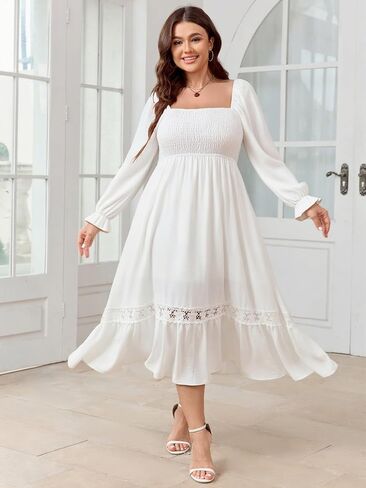 SCOMCHIC Womens Plus Size Fall Dresses Long Sleeve Square Neck Wedding Guest Smocked Flowy Boho Country Western Maxi Dress in Saudi Arabia