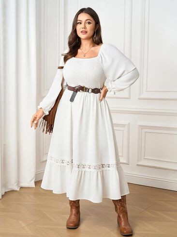 SCOMCHIC Womens Plus Size Fall Dresses Long Sleeve Square Neck Wedding Guest Smocked Flowy Boho Country Western Maxi Dress in Saudi Arabia
