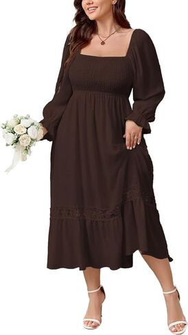 SCOMCHIC Womens Plus Size Fall Dresses Long Sleeve Square Neck Wedding Guest Smocked Flowy Boho Country Western Maxi Dress in Saudi Arabia