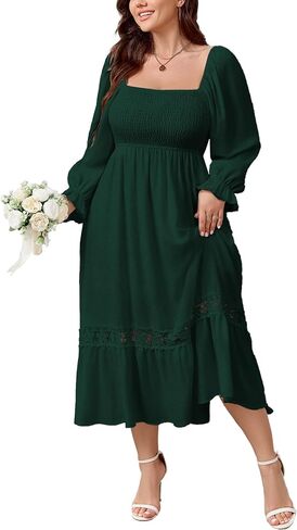 SCOMCHIC Womens Plus Size Fall Dresses Long Sleeve Square Neck Wedding Guest Smocked Flowy Boho Country Western Maxi Dress in Kuwait