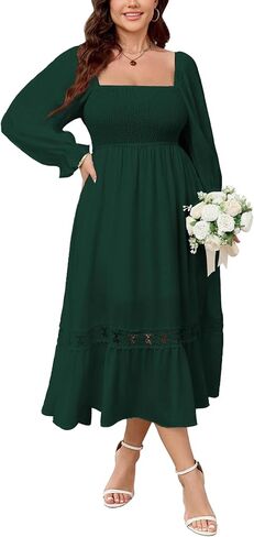 SCOMCHIC Womens Plus Size Fall Dresses Long Sleeve Square Neck Wedding Guest Smocked Flowy Boho Country Western Maxi Dress in Kuwait