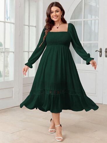 SCOMCHIC Womens Plus Size Fall Dresses Long Sleeve Square Neck Wedding Guest Smocked Flowy Boho Country Western Maxi Dress in Kuwait