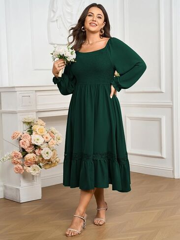 SCOMCHIC Womens Plus Size Fall Dresses Long Sleeve Square Neck Wedding Guest Smocked Flowy Boho Country Western Maxi Dress in Kuwait