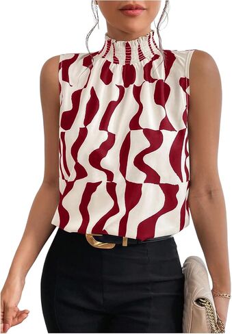 Floerns Women's Geo Print Sleeveless Vest Frill Trim Mock Neck Elegant Blouse Tops in Saudi Arabia