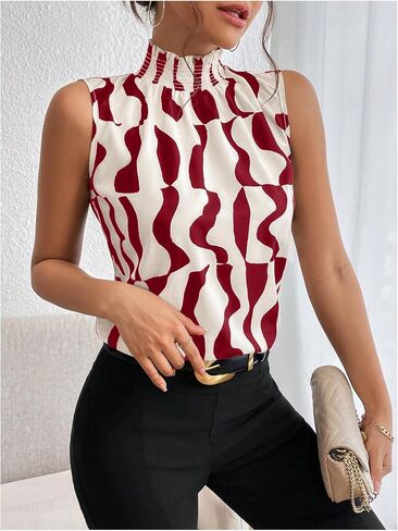 Floerns Women's Geo Print Sleeveless Vest Frill Trim Mock Neck Elegant Blouse Tops in Saudi Arabia