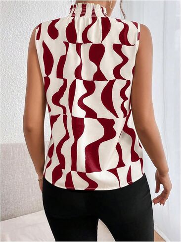 Floerns Women's Geo Print Sleeveless Vest Frill Trim Mock Neck Elegant Blouse Tops in Saudi Arabia