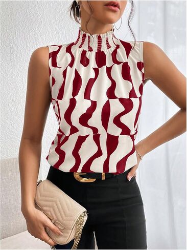 Floerns Women's Geo Print Sleeveless Vest Frill Trim Mock Neck Elegant Blouse Tops in Saudi Arabia